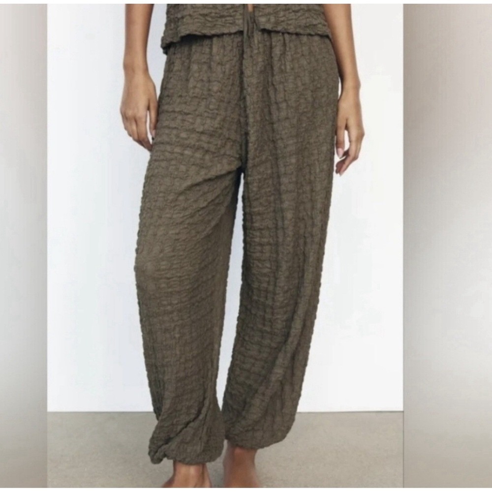 NWT Zara High-Waisted Balloon Style Joggers Olive Green Textured Bohemian Large